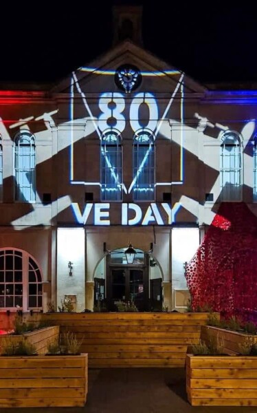 Melksham TC Town Hall lit for VE Day