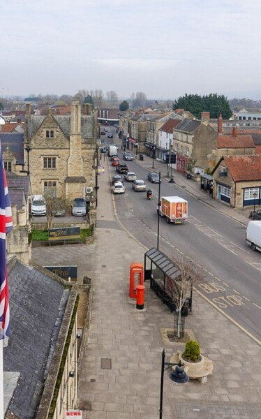 Aerial view of Melksham Market Place in the direction of the High Street