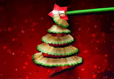 Christmas card competition graphic with a pencil shaving making a Christmas tree
