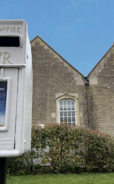 The letters to heaven post box situated in the Friend&rsquo;s Garden photographed against the old chapel.