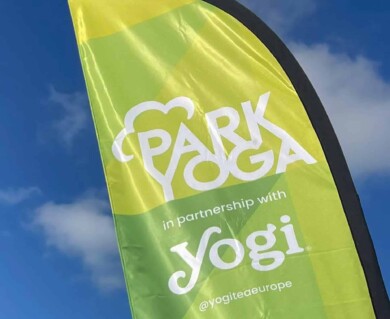 A green Park Yoga flag flies against a blue sky
