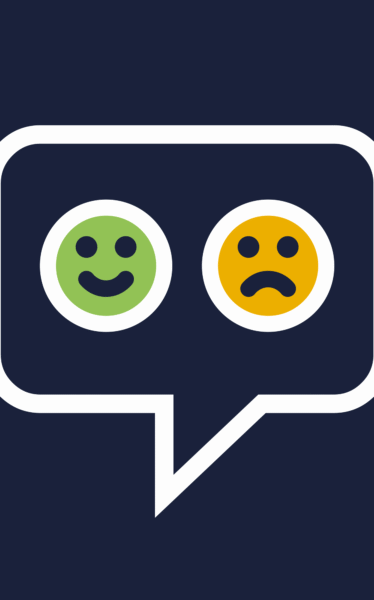 A graphic of a smiley and sad face emojis in a speech bubble