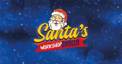 An illustration of Santa head againsts a blue starry background with the words Santa’s Workshop Grotto