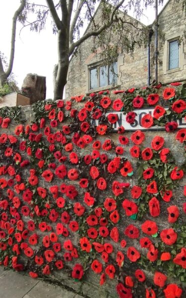 Poppies hung on the wall in Canon Square for Remembrance Day